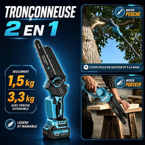Tronçonneuse télescopique 8 pouces – Moteur Brushless 1200W – 2 batteries 4000 mAh – Extension jusqu'à 4m pour élagage précis - 2-en-1