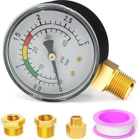 Manomètre de pression de piscine 1/4" - Double échelle de précision - Boîtier en laiton en acier inoxydable - pour piscine, étang à (1/5)