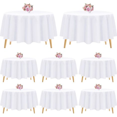 Lot de 8 nappes rondes, polyester blanc 228 cm, lavable machine, pour mariage, banquet, salle à manger