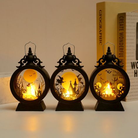 Lot de 3 - Lanterne À Bougie LED d'Halloween - Lampe À Huile LED Halloween Décorative - Citrouille Main Fantôme Château Halloween Lanterne Suspendue (1/5)