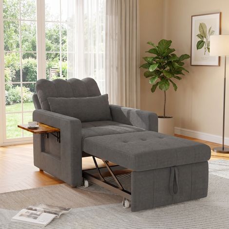 Fauteuil convertible 108x85x86cm - canapé-lit 1 place avec dossier réglable (5 positions), table pliante et poche de rangement - tissu chenille - gris