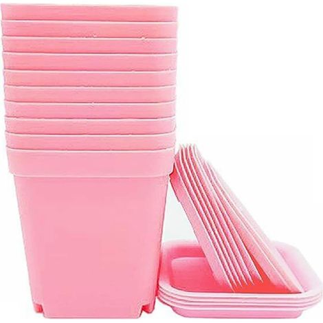 Lot de 10 jardinières carrées colorées en plastique avec soucoupes drainage (1/5)