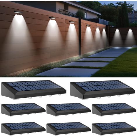 Lot de 8 lampes solaires d'extérieur, 4 LED, étanches IP54, pour terrasse, jardin, balustrade, terrasse, escalier, mur, marche, lumière blanche (1/5)
