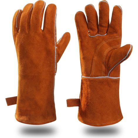 Gants de Soudage Unisexes, en Cuir Résistant à la Chaleur et au Feu, Pour Soudeur à Fil Fourré MIG/MAG, Forge, Forgeron, Cheminée, Poêle à Bois, Foyer, Gril, Four (Marron) (1/5)