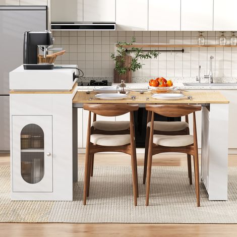 Ausziehbare Kücheninsel 83x46-146.5x96 cm Weiß aus MDF und Glas mit Rollen und Steckdosen (1/5)