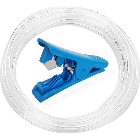 Air Compressor Hose, Polyurethane Pneumatic Hose OD 8mm x ID 5mm with Blue Tube Cutter, Transparent PU Tube for Gas Transportation (10m) (1/5)