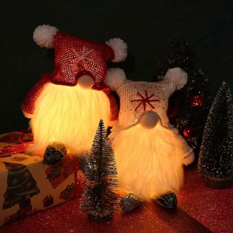 Lot de 2 gnomes de Noël en peluche suédoise avec lumière, figurines de nains elfes tricotées, décoration de table pour les fêtes. (1/5)