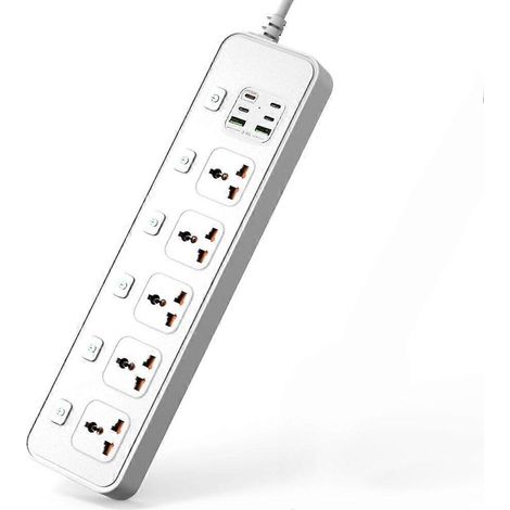 Rallonge universelle avec interface USB-C, charge rapide QC3.0, 20 W, 2 mètres, prise de sécurité Singapour, avec protection contre les surtensions, 5 V CA - Blanc - D6 (1/5)