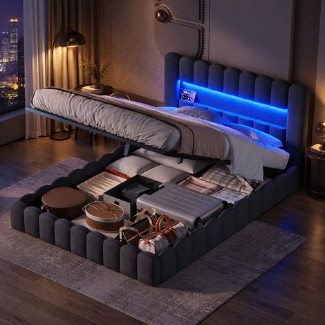JOOKGBD-Polsterbett Bubble Bett 140x200 cm, Doppelbett mit Hydraulisch Stauraum, Stauraumbett mit USB und LED, Jugendbett mit bettkasten, Boxspringbett mit Lattenrost,Ohne Matratze,Grau