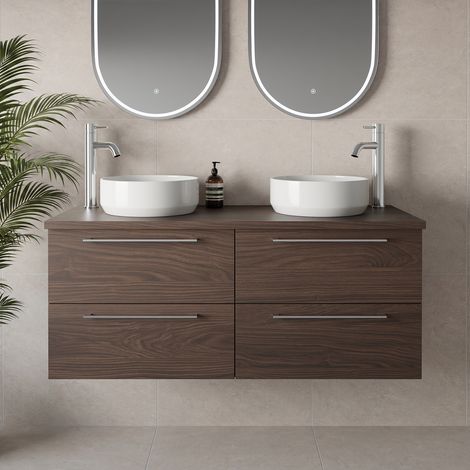 Napoli 460 Brown Oak 1200mm Wall Mounted 4 Drawer Vanity Unit for Countertop Basins - 1200mm - Chrome 320mm Handle