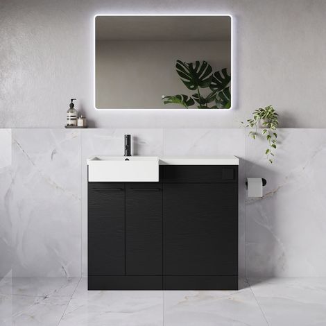 Napoli 250 Nero Oak 1000mm 2 Door Vanity Unit Toilet Suite with Left Hand Square Rico Semi Recessed Basin - 1000mm - Matt Black 160mm HandleWithout Kingston Toilet Pan