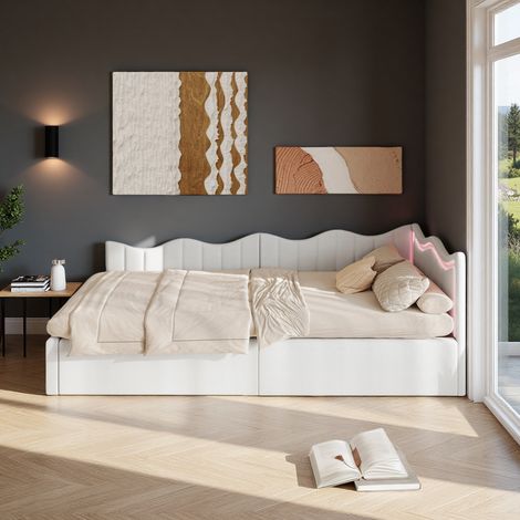 Cama infantil 90 x 200 cm - tejido de terciopelo teddy - LED - Estructura de cama 90 x 200 - Blanco (1/5)