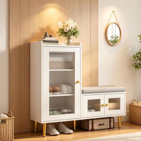 Mobile da ingresso 100 cm – Panca e scarpiera – Panca imbottita – Ripiani regolabili – Stile moderno – Bianco (1/5)