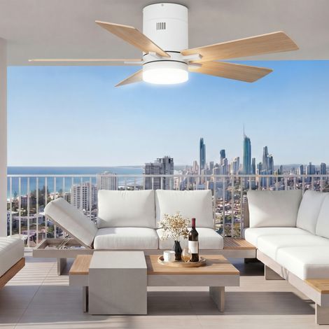 Ventilateur de plafond, silencieux, 107cm, avec télécommande, LED dimmable, 6 vitesses, minuterie, 5 pales, Brut (1/5)