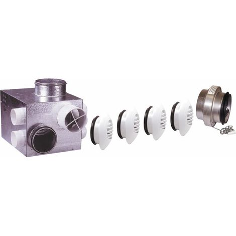 Diff – Caisson VMC simple flux gaz individuel – 1 piquage Ø125mm + 4 piquages Ø80mm – 2 bouches autoréglables 15 m³/h – 1 bouche Thermogaz 45/135 m³/h