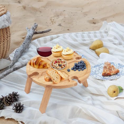 Klappbarer Picknicktisch aus Holz mit Weinglashalter – zusammenklappbarer Picknicktisch – kleiner Strandtisch für Garten, Reisen, Camping, Picknick, Strand (1/5)