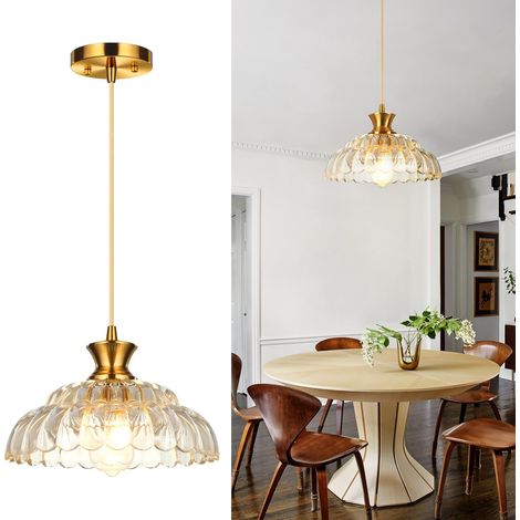 Suspension Moderne en Verre avec Douille E26 Dorée, Cordon Réglable et Abat-Jour Texturé Ambre, Plafonnier Suspendu pour Cuisine, Salle à Manger, Chambre (1/5)