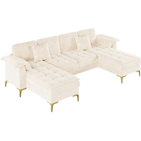 Canapé d'angle modulable en U 4 places avec chaises longues, coussins, pieds métalliques dorés, revêtement en chenille beige (1/5)