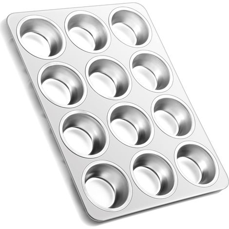 1 Moule à muffins, Acier inoxydable, 12 cavités, Surface lisse, Base plate, Four jusqu'à 230°C