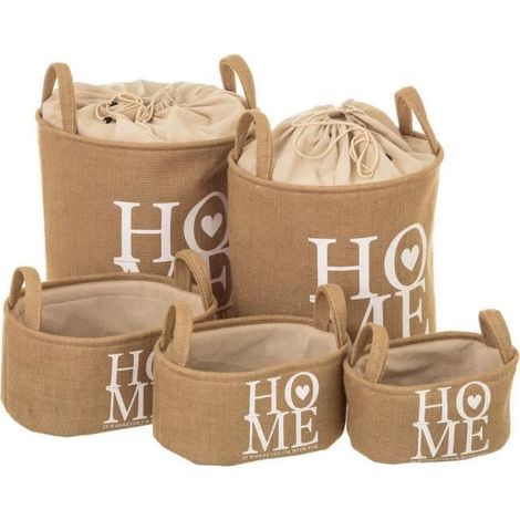 Panier de stockage - JUANIO - Lot de 5 paniers - Jute - Naturel / Beige - Imprimé "home" (1/4)