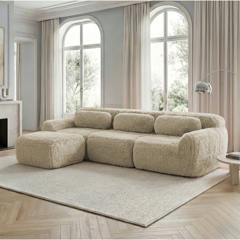 Canapé modulaire d’angle kaki clair en tissu pelucheux sans cadre avec coussins (1/5)