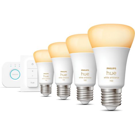 Philips Hue Kit de démarrage E27 avec 4 Ampoules Standard Lumière blanche chaude à froide - Comprend 1 Bridge, 1 Variateur de lumière - White Ambiance (1/5)