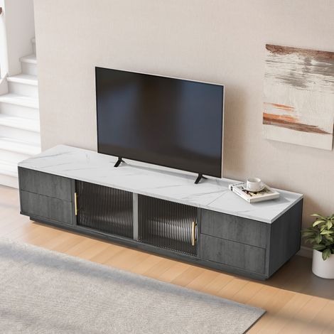 Meuble TV Deluxe 160cm pour TV 70" - Piano de table gris stylé,marbre,gestion de câbles,tiroirs avec funold à pousser pour ouvrir