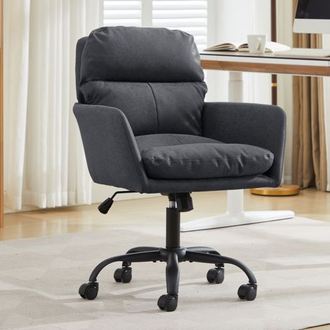 Chaise de travail noire en cuir synthétique PU, piètement noir ajustable en hauteur, parfaite pour bureau, chambre, coiffeuse et autres pièces. (1/4)