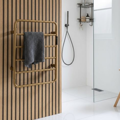 JTP Aero Electric Towel Rail 640mm H x 475mm W - Brushed Brass (1/3)
