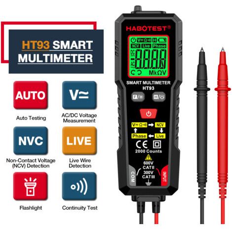 QORVA-Multimètre numérique HABOTEST HT93, testeur de tension, 2 000 points, plage automatique, mesure précise de la résistance CA/CC, avec test de tension de fil sous tension NCV