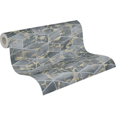 Papier peint losanges non-tissé bleu gris or Papier peint mosaïque moderne effet marbre élégant Papier peint géométrique (1/5)