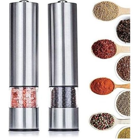 Lot de 2 moulins à sel et à poivre électriques rechargeables, en acier inoxydable brossé avec plaques de broyage réglables, argent, 22,5 cm x 5,2 cm (1/5)