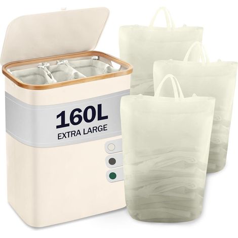 Wäschekorb Deckel 3 Fächer Wäschesammler Wäschesäcke Bambus 160L Beige (1/5)