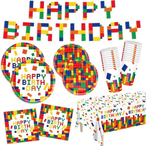 102 Pièces Construction Blocs D'anniversaire Fête Papier Vaisselle, 25 x Assiettes à Dîner et Assiettes à Salade, 25 x 270ml Tasses, 25 x Serviettes, 1 x Bannière, 1 x Nappe - pour Décoration (1/5)