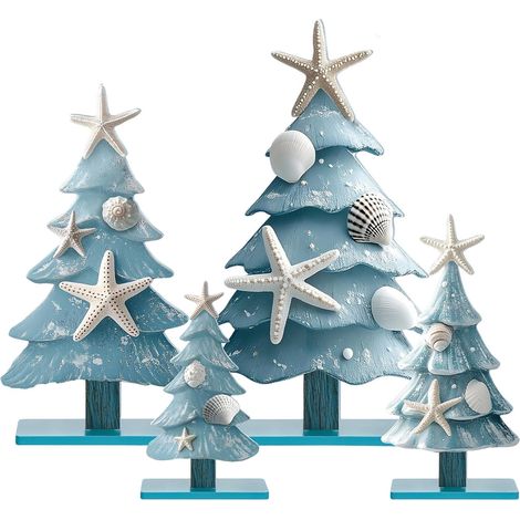 Ornement En Bois Thème Mer - Décoration De Table De Noël - Arbre De Noël Miniature Bleu - 4 Pièces - 19 x 10 x 2 cm (1/5)