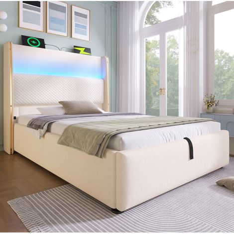 DESVIAE Lit hydraulique 90 x 200 cm avec tête de lit haute LED rangement USB Type C beige matelas inclus (1/5)