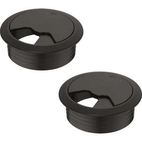 – Passe-câble bureau 80mm – Plastique noir rond encastrable – Cordon pour prise ordinateur et écran – Accessoire ameublement (1/2)
