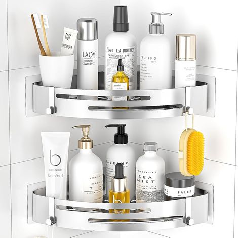 Duschregal ohne Bohren Ecken: Duschregal Edelstahl 2er Pack Duschkorb Selbstklebend mit 4 Haken Badregal für Dusche Aufbewahrung Shampoo und Duschgel (Silber)