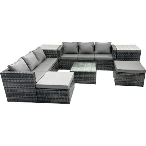 Fimous Outdoor Rattan Garden Furniture Set 8 Seater Patio Lounge Sofa Set with Square Coffee Table 2 Side Tables 2 Big Footstools Dark Grey Mixed (1/5)