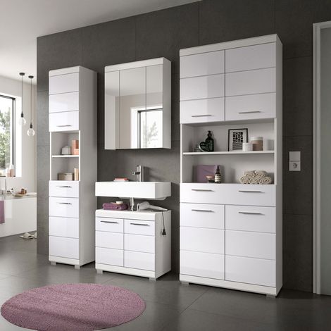 Colonne de salle de bain + 3 meubles blanc brillant - KAN