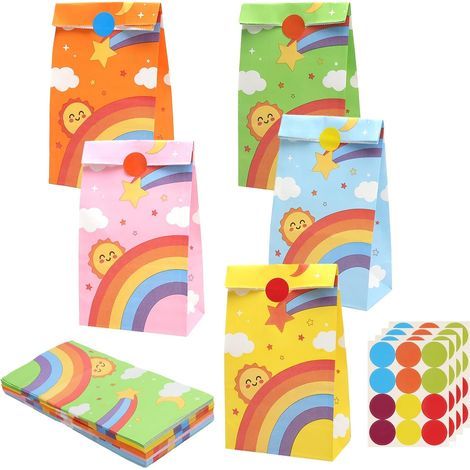 50 sacs sachet anniversaire enfant enfant, sacs en papier colorés avec 48 autocollants, sacs cadeaux arc-en-ciel pour bonbons, sacs cadeaux pour mariages baptêmes Halloween Noël (22 x 12 x 7 cm) (1/5)