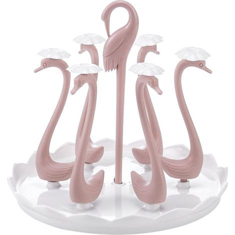 1 égouttoir à tasses, forme de cygne, rose clair, 6 emplacements, polypropylène, bac de récupération d'eau, antidérapant (1/5)
