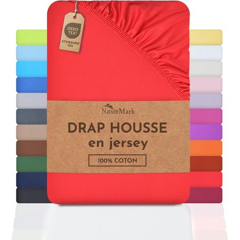 Drap-Housse en Jersey, 100% Coton, Disponible dans de Nombreuses Tailles et Couleurs, qualité Oeko-Tex Standard 100, 140 x 200 cm - 160 x 200 cm, Rouge (1/5)