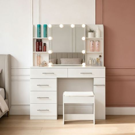 POCKETPOP Friseurin mit Spiegel und Hocker, mit LED-Beleuchtung, mehrere Stauraumfächer, Weiß