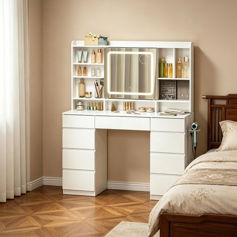 Toeletta 110x40x140 cm con 9 cassetti, specchio scorrevole con LED dimmerabile, legno ingegnerizzato bianco (1/5)
