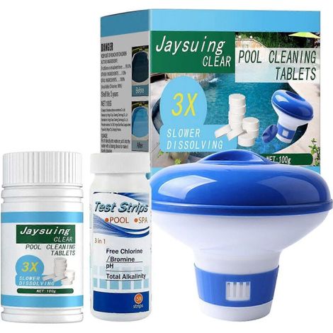 Kit d'entretien piscine 3 pièces : pastilles de chlore 100g, bandelettes test pH, service dosage pour piscine extérieure jardin. Nettoyage complet.