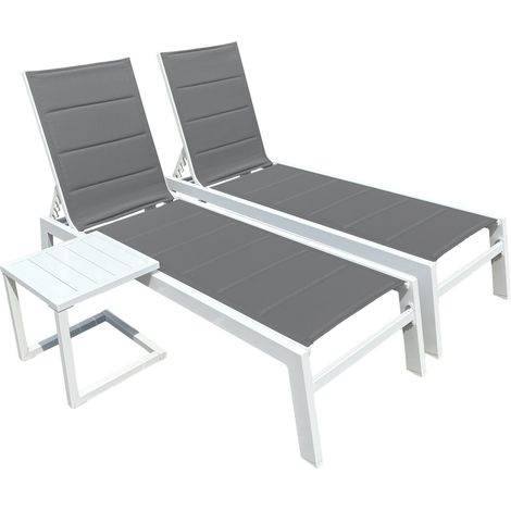 Set aus 2 Sonnenliegen und Beistelltisch BARBADOS aus grauem Textilen - weißem Aluminium (1/5)
