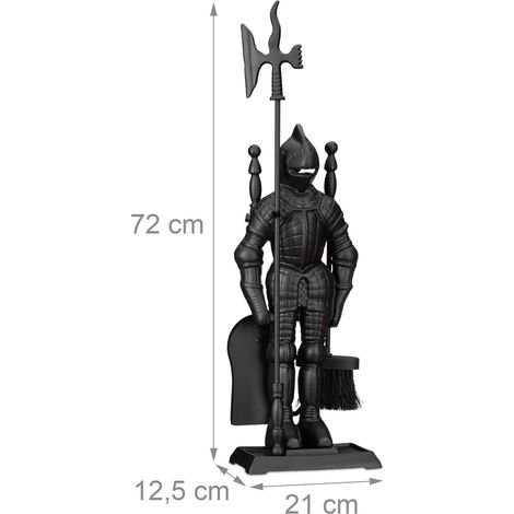Serviteur de cheminée chevalier noir design médiéval 4 pièces en fonte de fer noir (1/4)