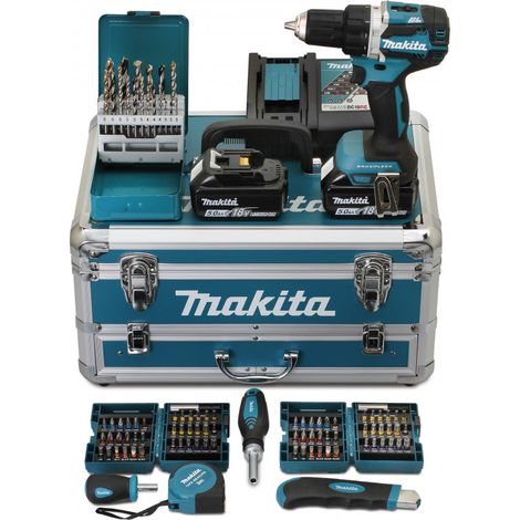 Trapano avvitatore 54NM con 2 batterie da 5 Ah, caricabatterie e 96 accessori - Makita DDF484RTX6 (1/7)