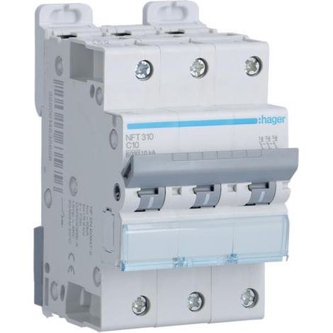 Disjoncteur 3P 6-10kA - Courbe C 10A - 3 modules - NFT310 - Hager (1/4)